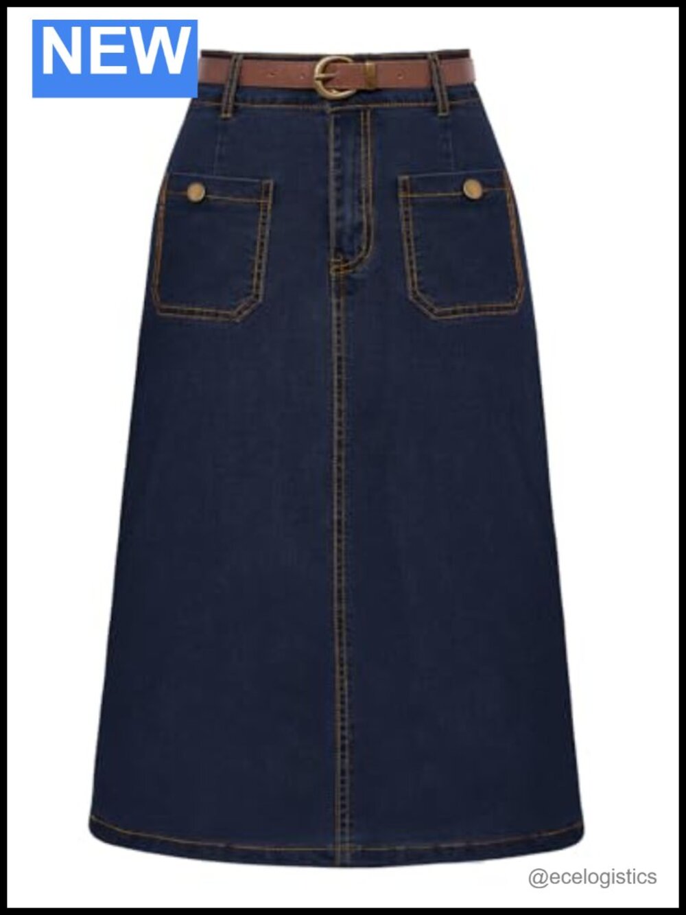 High Waist Denim Skirt with Belt Below Knee Front Patch Pockets